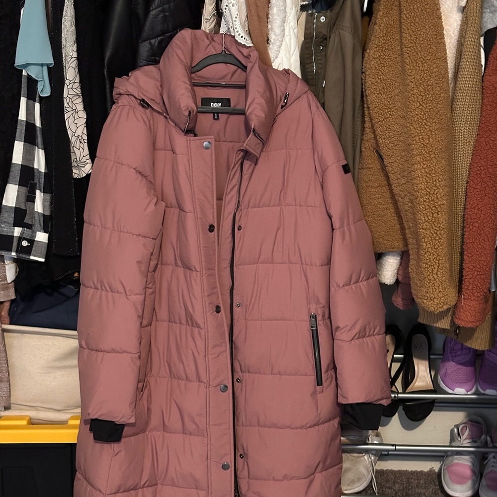 Dkny Pink Quilted Puffer Coat with High Collar